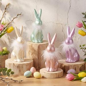 4 Pcs Pastel Easter Bunny Figurine Decoration 6 Inch Pearly Pastel Rabbit Figurine Vintage Resin Easter Iridescent Rabbit Decor with White Fluff on Neck for Spring Home Tabletop Centerpiece