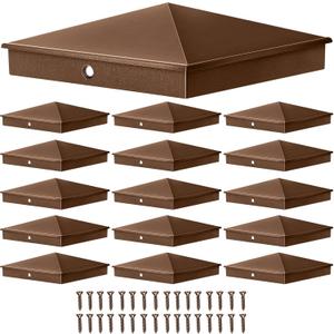 Dunzy 16 Pcs 6 x 6 Post Caps Aluminum Pyramid Decorative Fence Post Covers Works Only for Actual 5.5 x 5.5'' Wood Square Metal with Screws for Corridors Decks Mailbox Pole(Brown)