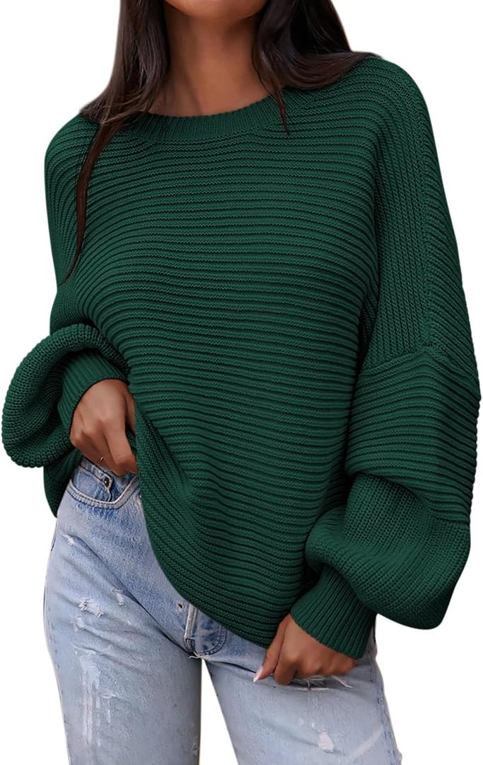 PRETTYGARDEN Womens Sweaters Fall 2025 Lantern Long Sleeve Oversized Sweater Casual Crewneck Chunky Knit Ribbed Pullover Tops (Small, Dark Green)