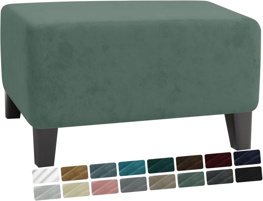 MAXIJIN Velvet Ottoman Cover Rectangular Stretch Square Ottoman Covers Slipcover Rectangle Washable Foot Stool Cover Thick Storage Protector with Elastic Bottom (Ottoman Small, Pea Green)