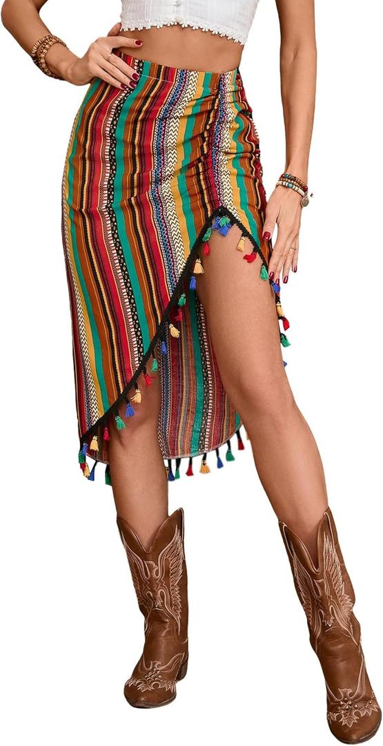 BEAUDRM Women's Boho Tassel Trim Skirt Split Ruched Fringe Hem Midi Skirts Rave Country Concert Festival Outfits, Large