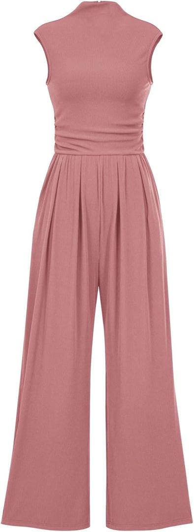 KIRUNDO Womens Jumpsuit Dressy Casual Summer Outfits One Piece Cap Sleeve Mock Neck Wide Leg Pants Rompers with Pockets (M)