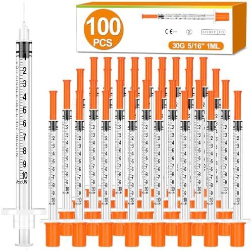 100 Pack 1ml Syringes with Needle-30Ga 1/2Inch, Individually Sealed Packaging
