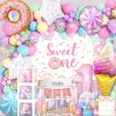 1st Birthday Decorations for Girl, 128pcs Sweet One Birthday Party Decorations, Balloon Boxes, Party Backdrop, Photo Banner, Donuts Ice Cream Candy Balloons Garland (Pastell)