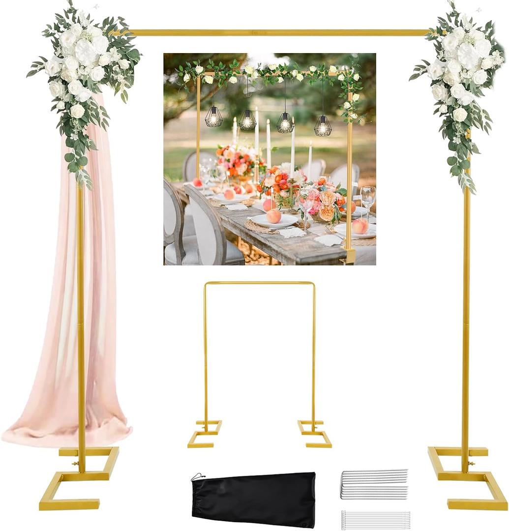 8.2FT Square Wedding Arch Backdrop Stand,Balloon Arch Stand, Metal Gold Backdrop Adjustable Stand Heavy Duty, Extra 2 Clamps Change Over The Table Rod Stand for Party Decoration,Garden Trellis Frame