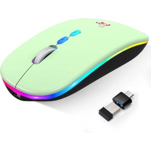 HOTLIFE LED Wireless Mouse, Slim Rechargeable Silent Portable USB Optical 2.4G Wireless Bluetooth Two Mode Computer Mice with USB Receiver and Type C Adapter (Green)