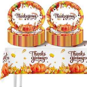 50 Count Thanksgiving Paper Plates, 12"10" Oval Thanksgiving Disposable Dinnerware Plate Set, Includes Fall Large Heavy Duty Dinner Plates and Disposable Tablecloth Party Table Decorations Supplies