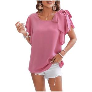 MakeMeChic Women's Knot Ruffle Short Sleeve Shirt Crew Neck Casual Blouse Summer Tops.Medium