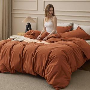 Bedsure 100% Washed Cotton Duvet Cover Queen Size - Burnt Orange Minimalist Bedding Set Linen Like - PureWoven Plain Simple & Soft Comforter Cover for All Seasons (Burnt Orange, Queen, 90"x90")