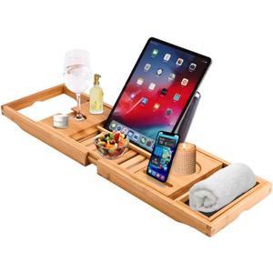 Bamboo Bath Caddy Tray | 100% Natural Bamboo Wooden Bathtub Tray with Book & Tablet Stand | Luxury Wine Glass Candle Holder | Natural Wood | Extendable Organiser for Bathroom Jacuzzi