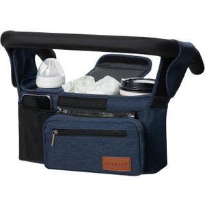 Momcozy Universal Baby Stroller Organizer, 2 Insulated Cup Holder, Detachable Zippered Pocket, Adjustable Shoulder Strap, Large capacity for baby essentials, Compact Design Fits Any Strollers (Blue)