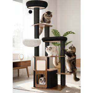 63" Modern Cat Tree Tower for Indoor Cats, Heavy Duty Cat Trees for Large Cat, Adult Maine Coon Cat Tree Tower with Scratching Post, Extra Large Top Perch, Cat Condos, Jet Black