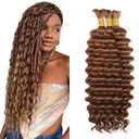 #30 Light Brown Human Braiding Hair for Boho Braids 22 22 22 Inch Knotless Brown Deep Wave Bulk Human Hair for Braiding No Weft Hair Extensions 150g 3 Bundles/Pack