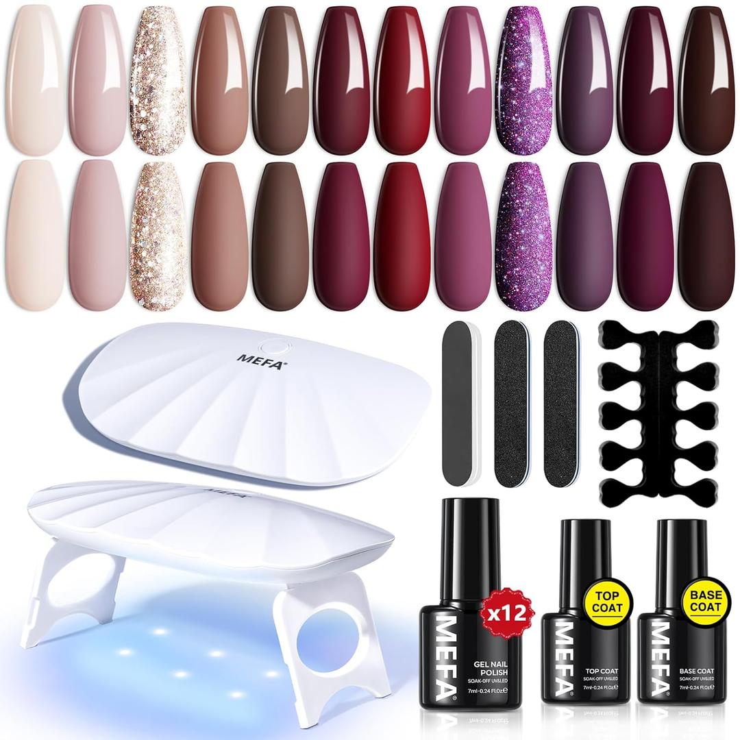 MEFA  Gel Nail Polish Kit with U V Light, 14 Colors Fall Gel Nail Polish Set Burgundy Red Champagne Gold Glitter Soak Off Purple Manicure Tools Beginners Salon Art Nails Art DIY for Women (2-A Fancy Party)