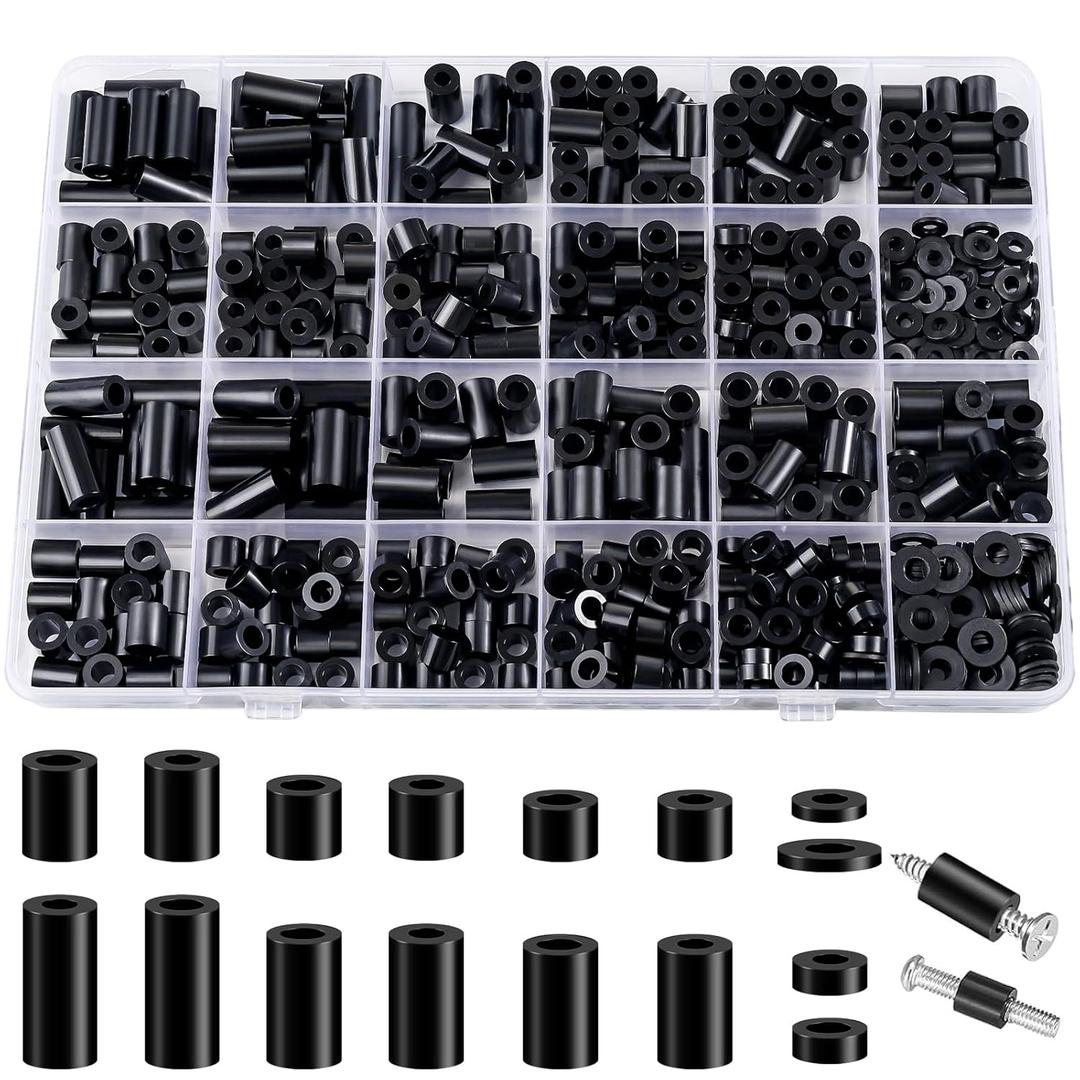 Neng-Q 600 Pcs Electrical Outlet Screw Spacers Black Nylon Round Spacer for Screws Switch and Receptacle,Plastic Standoff Screw Nut Assortment Kit Without Threaded,Hardware for M3/M4 Screws