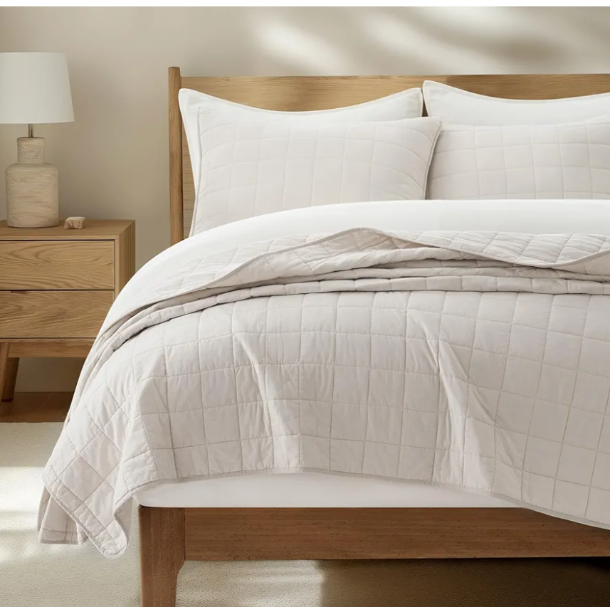 EVERGRACEHOME 100% Cotton Box Stitch Quilt Bedding Set Queen Size 3 Pieces, Garment-Washed Lightweight Soft Cozy Coverlet, Quilted Bedspread Sets with 2 Shams for All Season, Birch