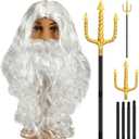Wig and Beard Set Trident Santa Hair Beard Fancy Dress Costume Halloween Cosplay Golden Spear Prop Weapon Staff Accessories for Teens and Adults