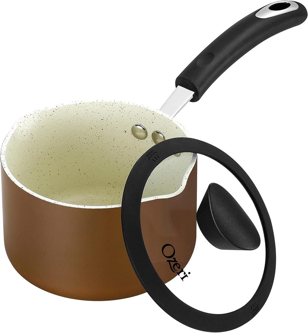 The All-In-One Stone Saucepan and Cooking Pot by Ozeri - 100% APEO, GenX, PFBS, PFOS, PFOA, NMP and NEP-Free German-Made Coating (1.6 Quarts, Coconut Brown)