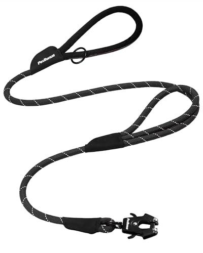 PetBonus Two Handles Dog Leash, 5FT Heavy Duty Pet Rope Leash with Quick Release Metal Clip, Comfortable Durable Traffic Handle, Reflective Training Lead for Medium Large Dogs (Black)