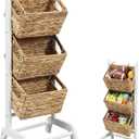 Menkxi Wicker 3 Tier Foldable Storage Basket Floor Rack with Market Storage Basket Water Hyacinth Storage Rack Hand Woven Laundry Rack for Bathroom Kitchen Laundry Room Living Room Storage(White), 11.8"D x 14.2"W x 36"H