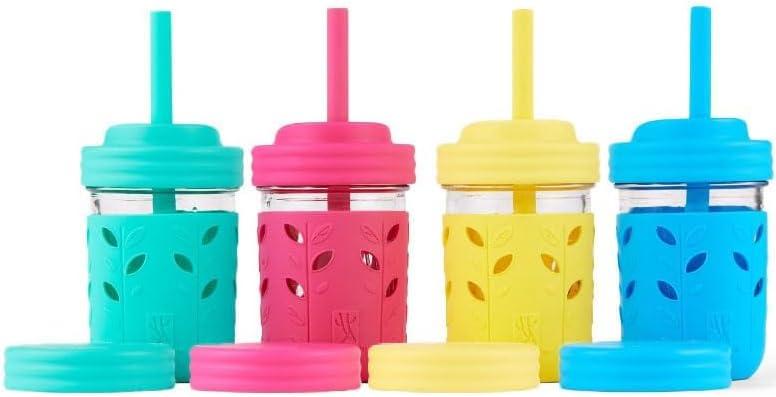 Elk and Friends Kids + Toddler Glass Cups | The Original 8oz Glass Mason Jar with Sleeves + Lids | Silicone Straws + Stopper | Smoothie Cup | Food Storage | Spill Resistant | Dishwasher Safe | 4 Pack (Pink/Teal/Blue/Yellow)