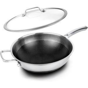 Wok Pan with Lid,12.6 inch Hybrid Woks & Stir-fry Pans Nonstick Stainless Steel Cookware, Cooking Wok for Induction Cooktop, Double Coated Honeycomb Pan