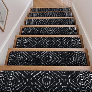 OJIA Boho Stair Treads Non-Slip Stair Runners for Wooden Steps Indoor 15PCS 30"x8" Washable Carpet Stair Treads Stair Mats Staircase Step Treads for Kids, Elders and Dogs, Stair Covers, Black