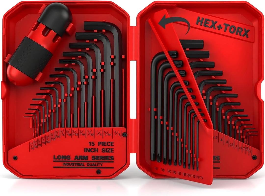 41-Piece Hex Key Allen Wrench Set, L Shape Hex and Torx Key Wrenches with Torque Handle | SAE(0.028"-3/8") | Metric(0.7mm-10mm) | Torx(T9-T50) in 3-Layer Storage Case, Heat Treated Cr-V Steel