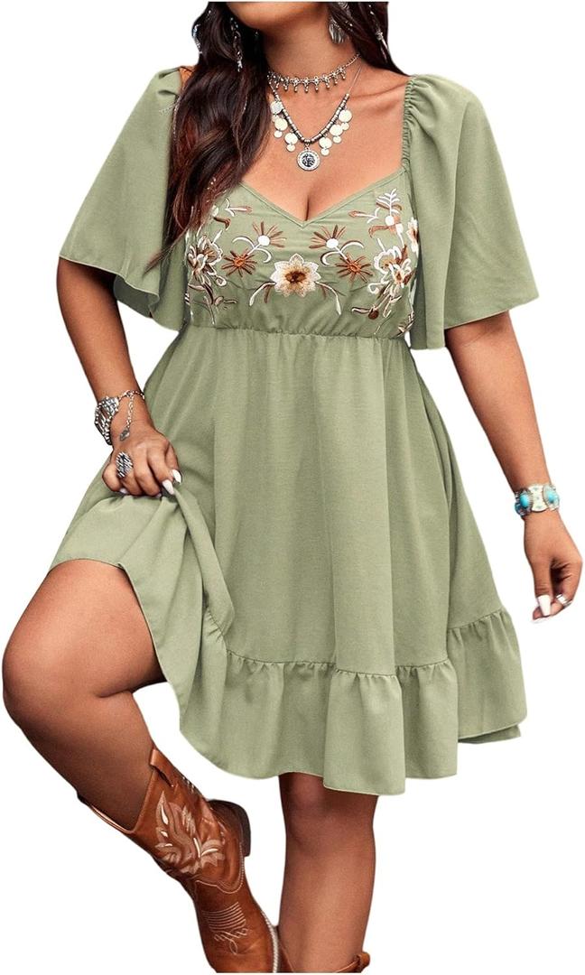 Verdusa Women's Plus Size Western Boho Floral Dress Cowgirl Country Concert Vacation Outfits Flowy Summer Dresses (XX-Large Plus, Olive Green)