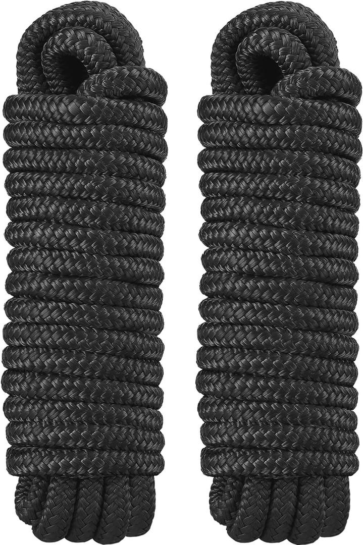 2 Pack 3/4" x 30' Dock Lines - Marine Grade Nylon Boat Rope with 18" Loop for Docking and Mooring - Double Braided Boat Lines, High Strength, Easy Handling, Heavy Duty, Fray Resistant - Black