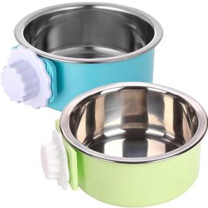 kathson Crate Dog Bowl 2pcs, Removable Stainless Steel Hanging Pet Kennel Cage Bowl Food & Water Feeder Coop Cup for Puppy, Cat, Rabbit, Guinea Pigs (2 PCS, Size: L, Blue and Green)