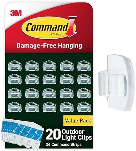 Command Outdoor Light Clips, 20 Clear Clips and 24 Command Strips, Damage Free Hanging Outdoor Light Clips with Weather Resistant Strips, Wall Clips for Hanging Outdoor Lights and Cable Management