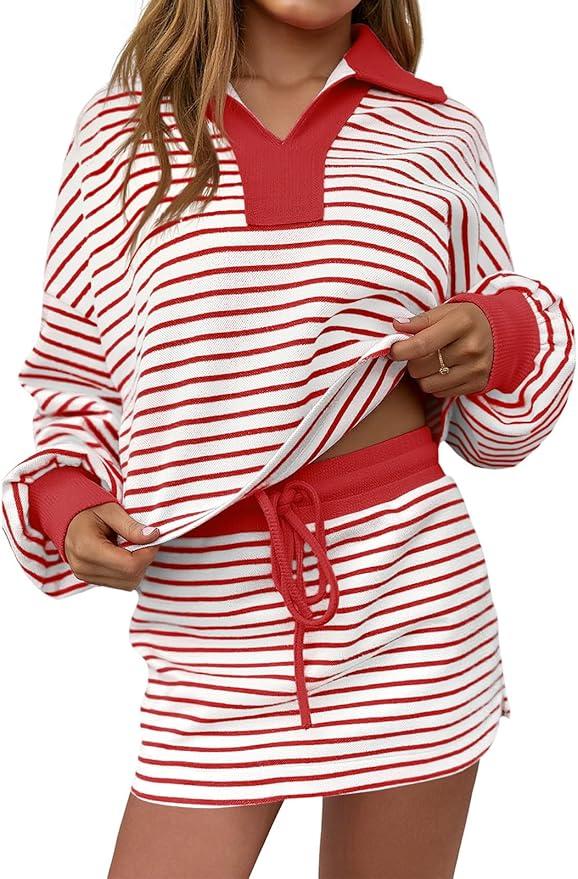 Fisoew Womens Striped 2 Piece Outfits Casual Sweatshirt Skirt Set Long Sleeve Skirt Workout Set Matching Lounge Sets, Size Medium 