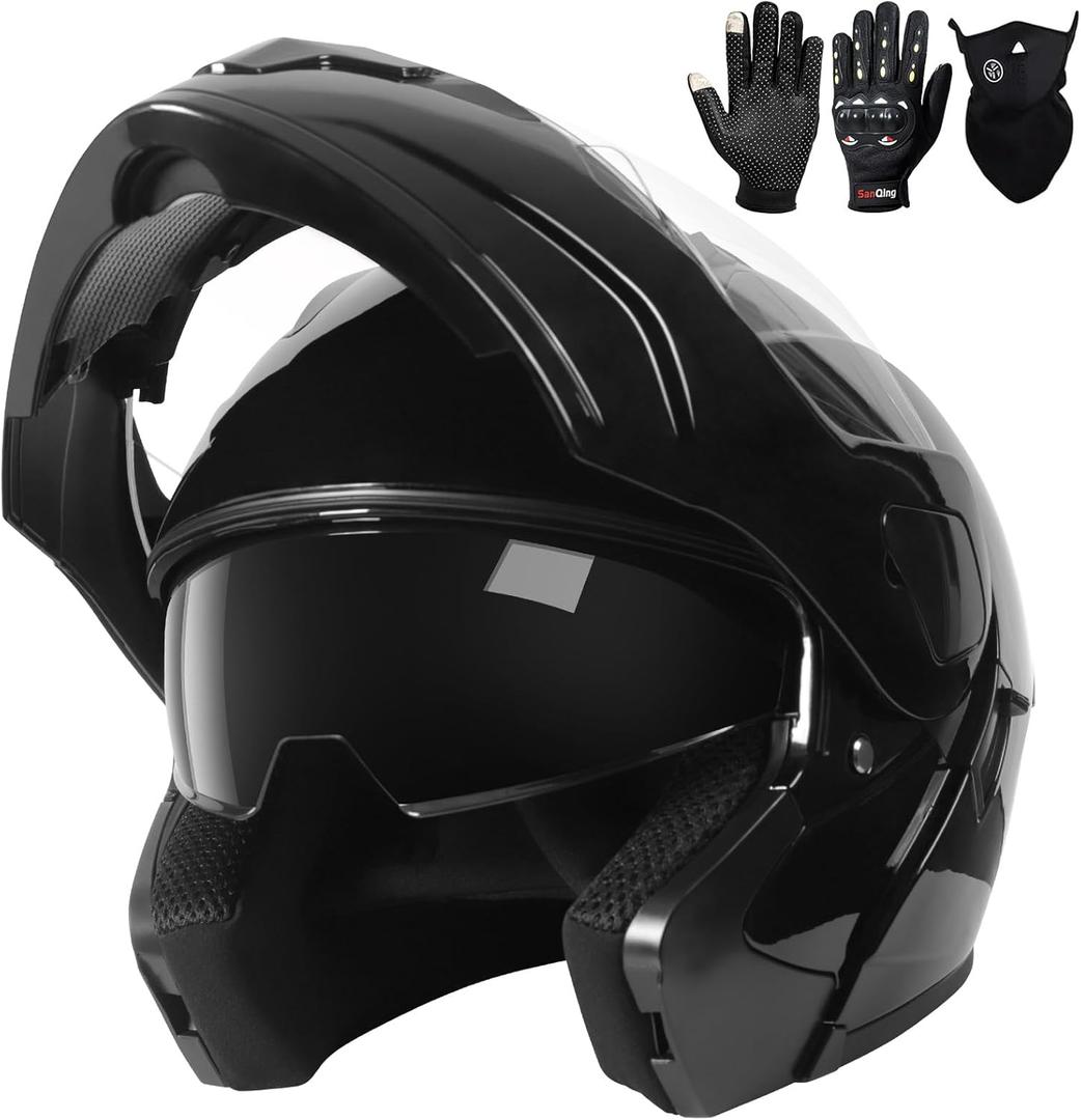Adult Modular Motorcycle Helmets, DOT Approved Flip up Dual Visor Full Face Helmet for Men Women Moto ATV UTV Snowmobile ADV Four Wheeler Street Bike with Gloves & Mask (Medium, Shiny Black)