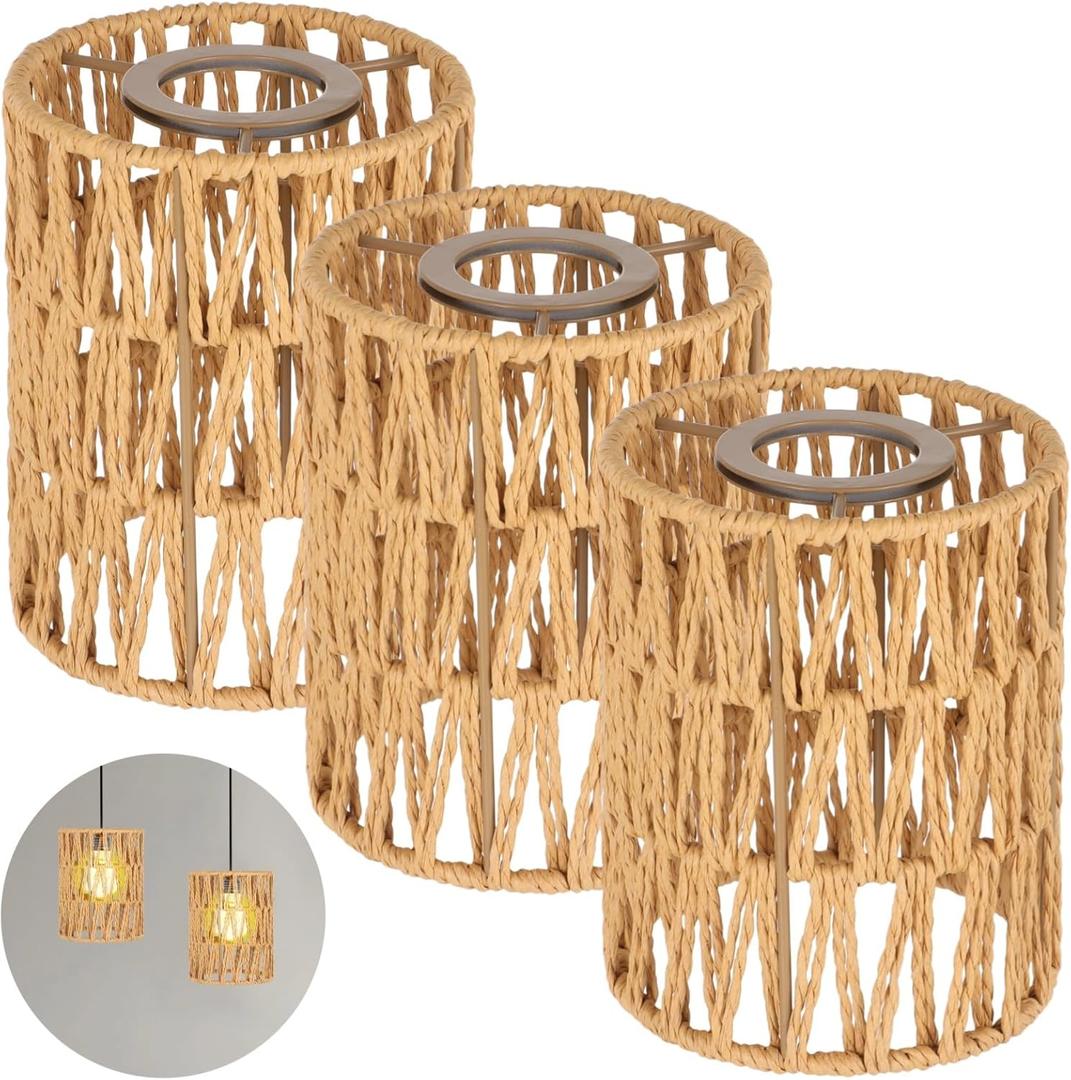 3 PCS Rattan Lamp Shade, Small Wicker Pendant Light Shade - Cylinder Woven Wicker Lampshades Replacement, Paper Rope & Metal Frame, Bohemian Ceiling Hanging Light Shades for Wall Light