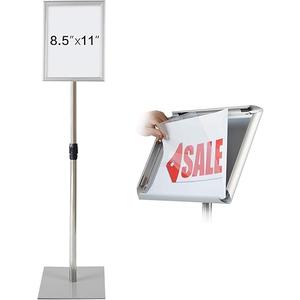 T-SIGN Adjustable Heavy Duty Pedestal Poster Stand, Square Steel Base 11 x 8.5 Inch Aluminum Snap Open Frame Vertical and Horizontal Displayed, Silver
