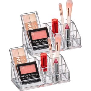 Amazing Abby - Tiffany - 2-Pack Acrylic Cosmetic Organizer, Transparent Plastic Makeup Holder, Compartmented, Shatter-Proof, Perfect Bathroom Vanity Storage Solution for Beauty Supply, Small