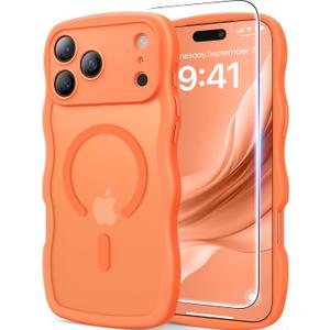 3 in 1 Magnetic for iPhone 17 Pro Max Case, Cute Wavy [Full Camera Protection][Fit for MagSafe] 1X Screen Protector+1X Wrist Strap, Anti-Slip Trendy Women Girly Case for iPhone 17 Pro Max 6.9", Orange