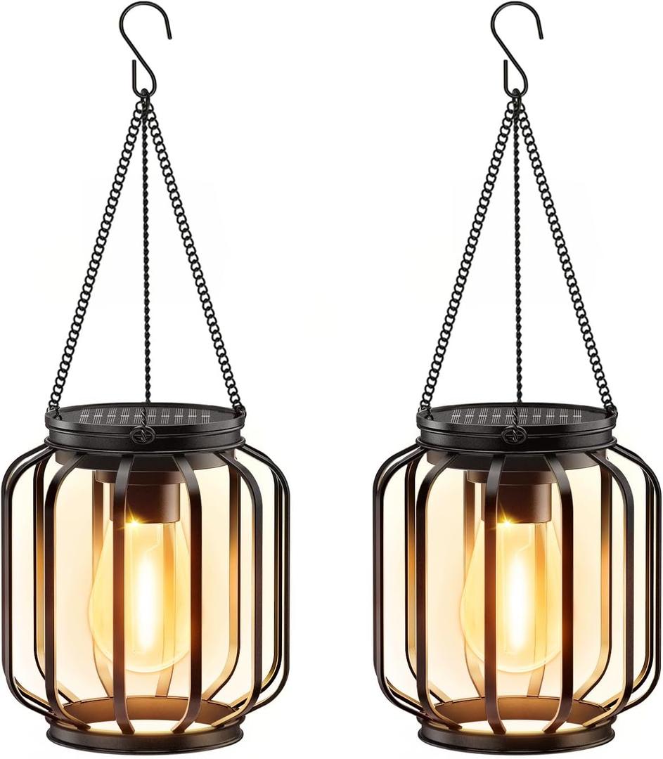 Solar Hanging Lanterns Outdoor: 2 Pack Metal Solar Hanging Lights with Hook, Bright - Warm Waterproof LED Lanterns for Outside, Classic Decorative Solar-Powered Light for Yard Garden Patio Porch Decor