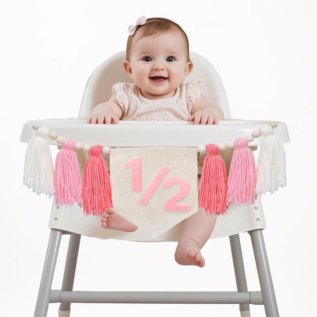 1/2 Birthday High Chair Banner for Baby Boys Girls 6 Months Half Way to One Birthday Party Decorations Tassel Wood Bead Highchair Garland Decorations (Pink)
