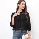 Womens Black Lace Inset Top Semi Sheer Blouse Ruffled Neckline 3/4 Sleeve Casual Shirt (Black, S)