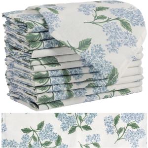 Sage Green Hydrangea Cloth Napkins Set of 12,Blue and White Vintage Floral Dinner Napkins Natural Linen Cotton -Reusable, Premium Hotel Quality Party Napkin Towels for Everyday Use, Weddings