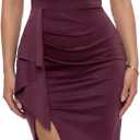 Deep V Neck Wrap Formal Midi Cocktail Dress Sleeveless Thigh Slit Ruffle Ruched Fall Wedding Guest Dress for Women (M)