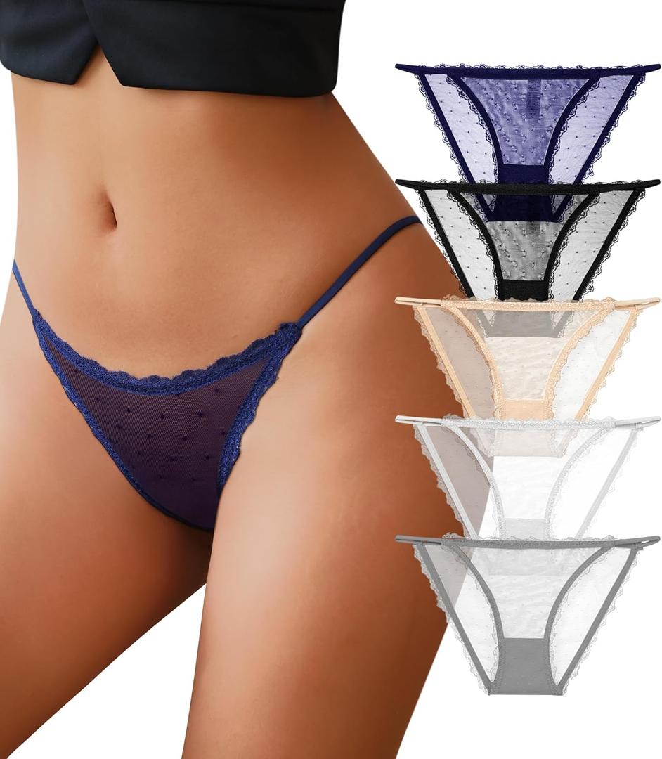 J-pone Sexy Underwear for Women String Bikini Underwear for Women High Cut Breathable Hipster Cheeky Lace Panties 5Pack (Large)
