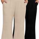 2 Pack Women's Plus Size Linen Pants, Elastic Waist Flowy Cropped Pants Casual Wide Leg Capri Palazzo Trousers (3X-Large, Khaki, Black)