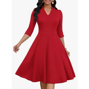 Church Dress for Women V Neck 3/4 Sleeve Midi Causal Cocktail Party A-Line Dresses with Pockets, Large, Red