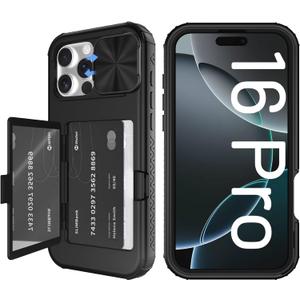 Tieuwant for iPhone 16 Pro Case Wallet, Built-in Mirror, Card Holder, Slide Camera Cover, Kickstand, Ultra Thin & Comfortable, Rugged Heavy Duty Girls Women Protective iPhone 16 Case,Black