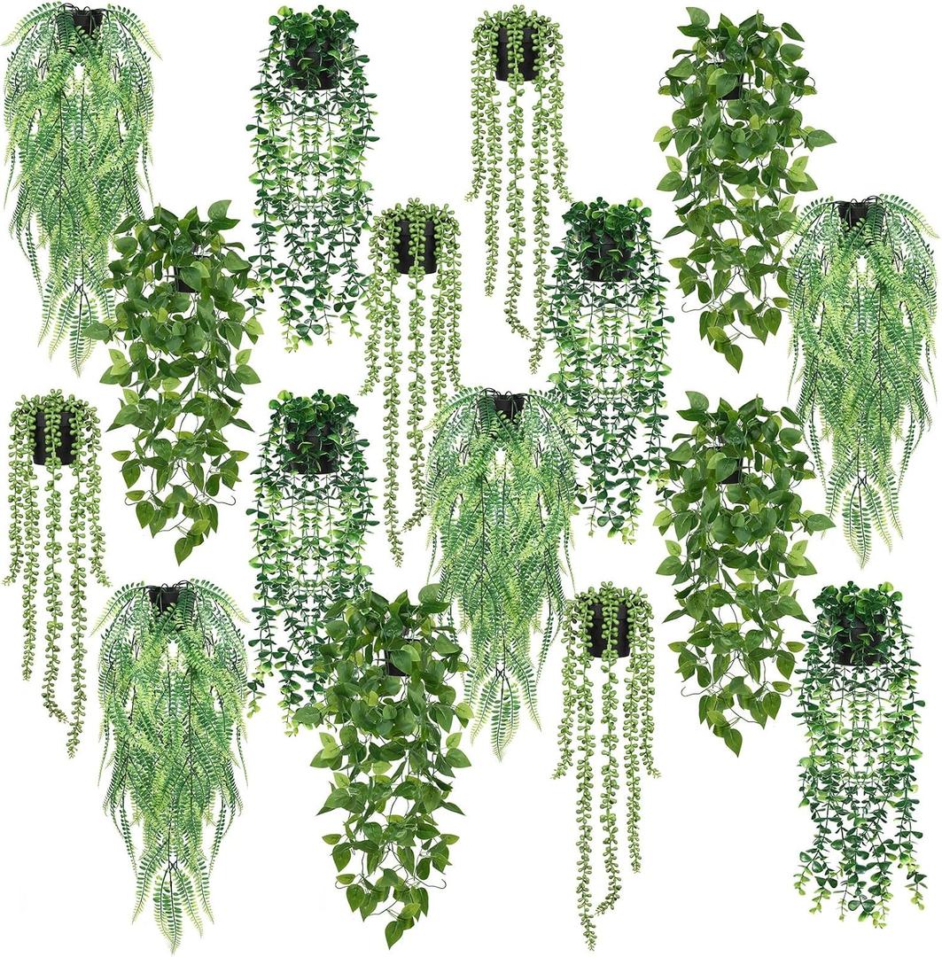 Jexine 16 Pcs Artificial Hanging Plants Potted Fake Plants Greenery Faux Eucalyptus Vine Mandala Vine String of Pearls Fern Plastic for Shelf Home Wall Living Room Office Indoor Outdoor Garden Decor, 22 inches, 26 inches, 32 inches