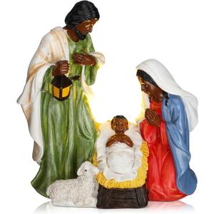 Thyle African Americans Nativity Set Indoor Decor for Christmas Black Nativity Scene LED Black Jesus Figurine Table Decor Mary Joseph Baby Jesus in Manger Religious Gifts