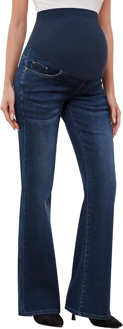 GLAMIX Women's Stretch Maternity Bootcut Jeans with Pockets Over The Belly Bell Bottoms Flare Denim Pants Pregnancy Clothes size L